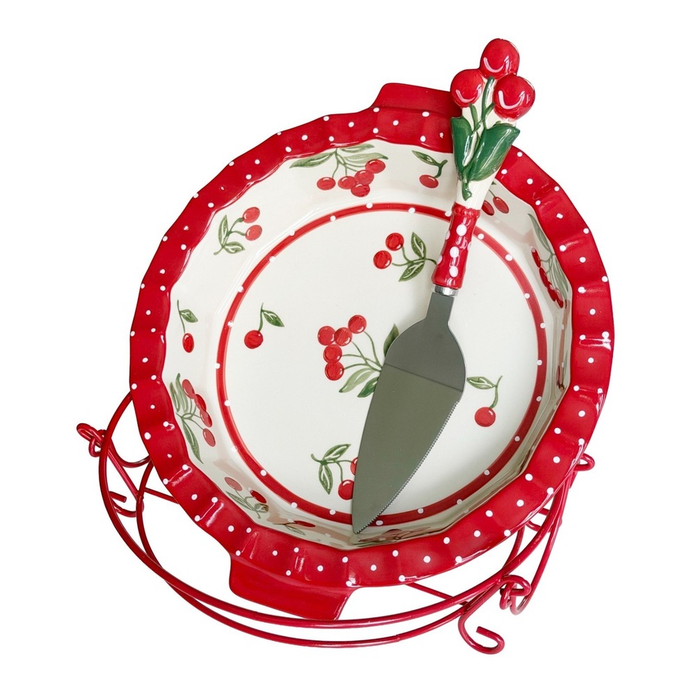 Ceramic Baking Pie Dish Temptations NEW Cherries Julilee Pie Server Wire Rack